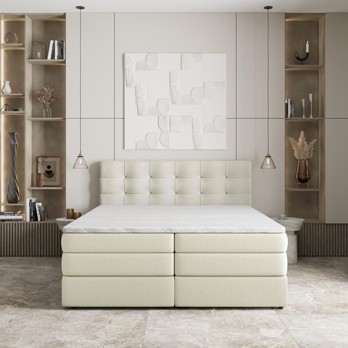 BOXSPRINGBETT AREZI 140x200 cm mit Matratze und Topper - Creme - Creme, Holz (140/200cm) - MASSENO