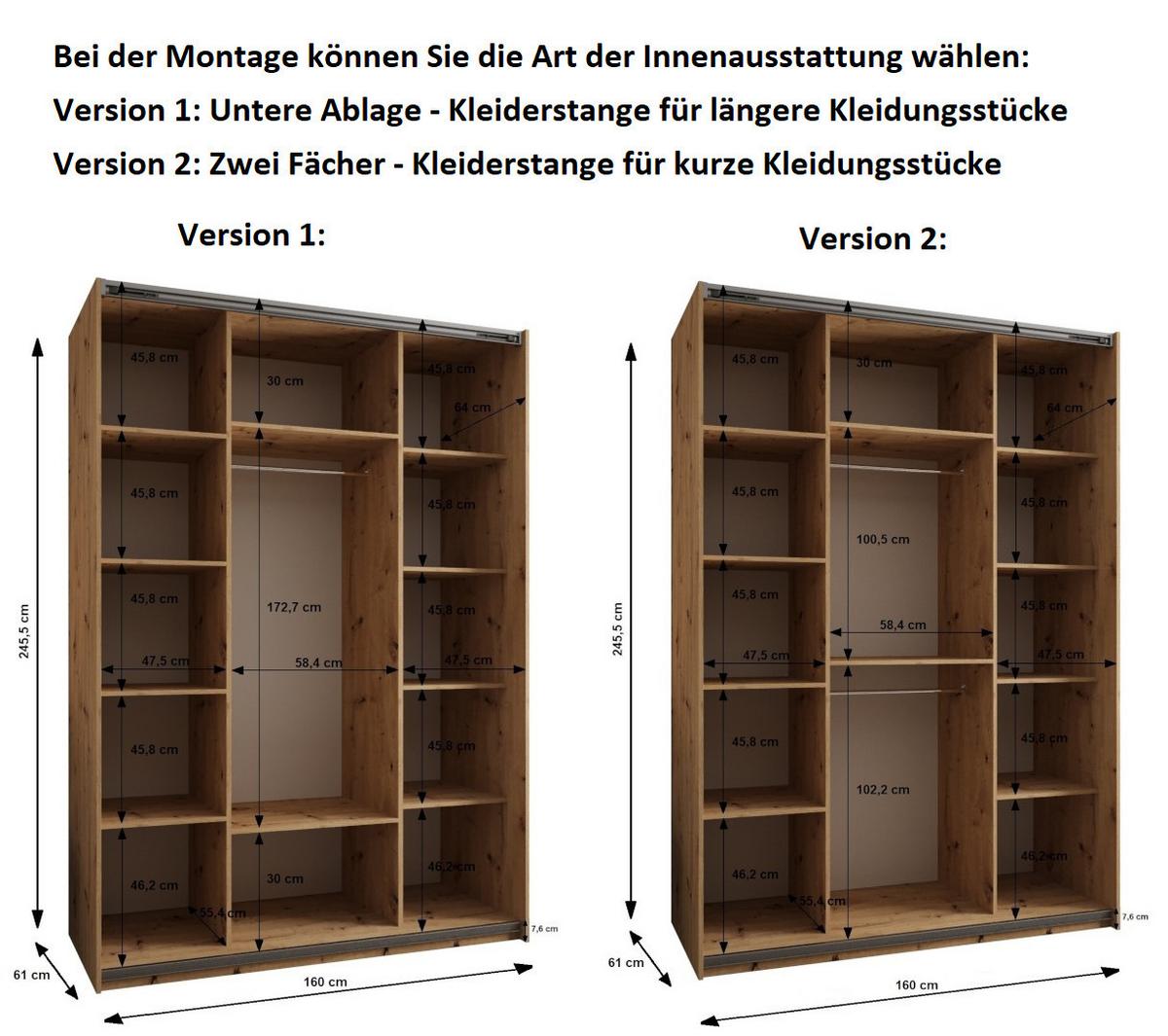SCHWEBETÜRENSCHRANK 245,5/160/64 2-türig - Silberfarben/Schwarz, Holz/Metall (160/245/64cm) - Abiks Möbel