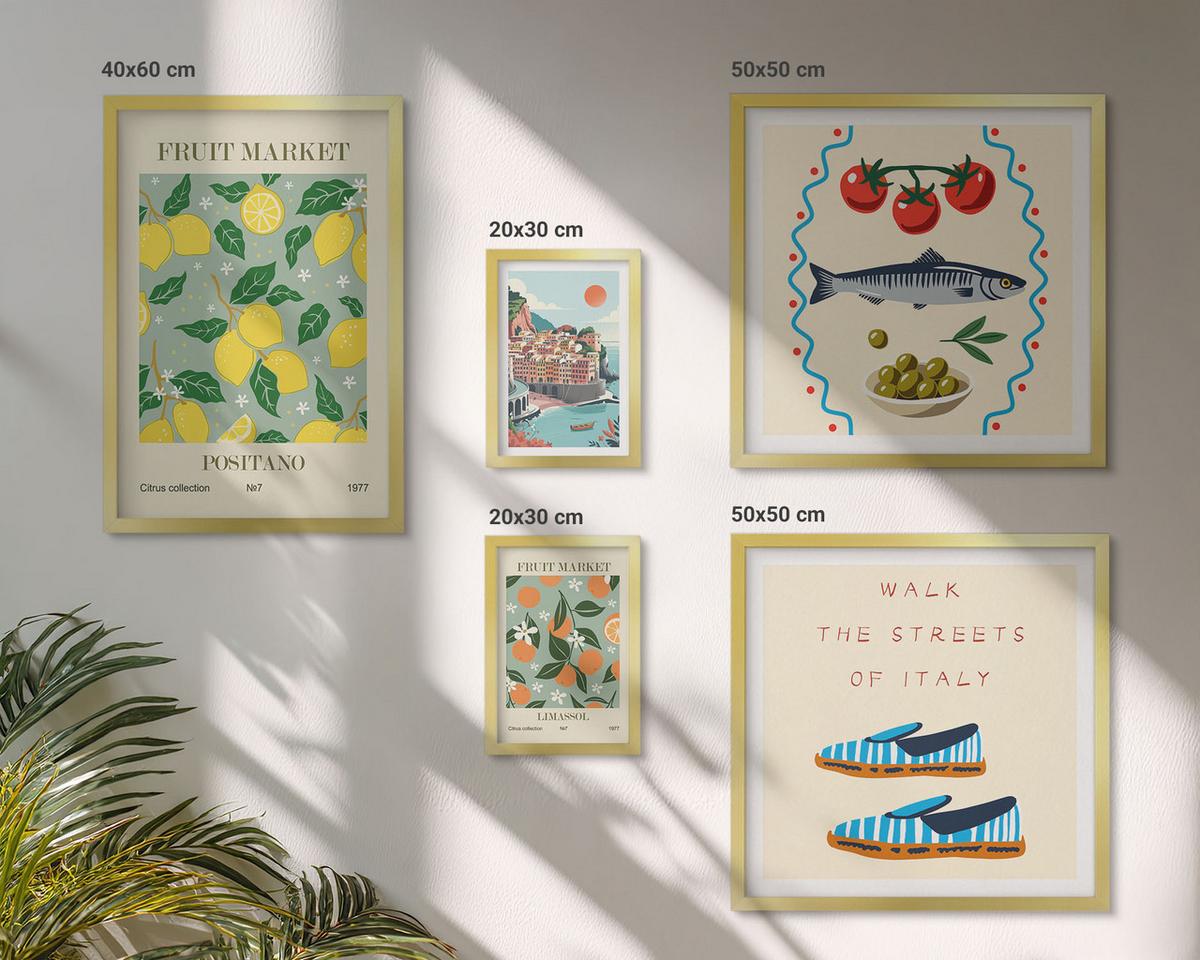 BILDER SET 5er Set - 50x50 cm & 20x30 cm & 40x60 cm Goldrahmen - Italienische Poster mit Fruchtmotiven - Goldfarben, Kunststoff (40/60cm) - TULUP