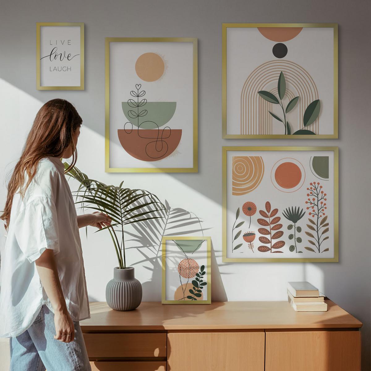 BILDER SET 5er Set - 50x50 cm & 20x30 cm & 40x60 cm Goldrahmen - Abstrakte Berglandschaften - Goldfarben, Kunststoff (40/60cm) - TULUP