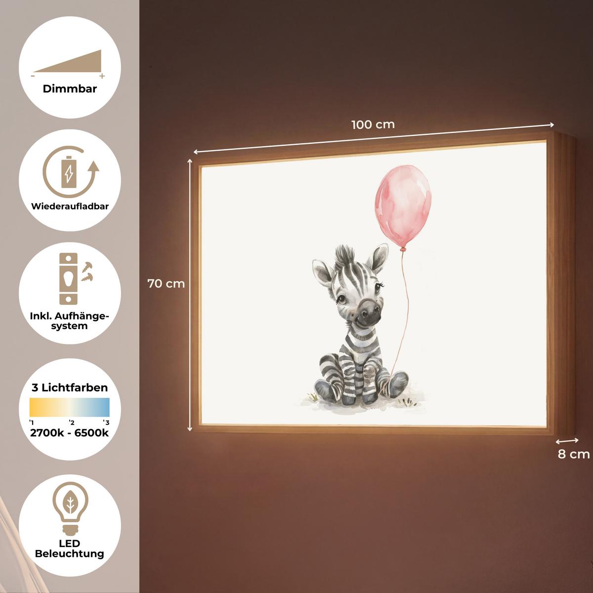 NACHTTISCHLAMPE MIT AKKU Zebra - Baby - Tiere - Rosa Luftballon 100x70 cm - Weiß, Holzwerkstoff (8/100/70cm) - OnlyWow