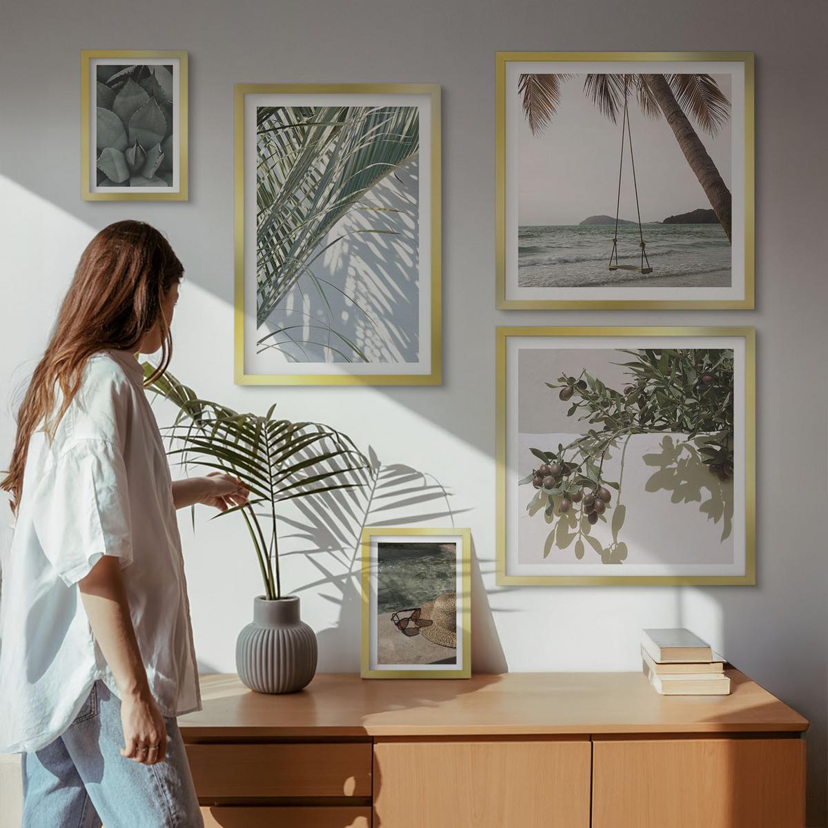 BILDER SET 5er Set - 50x50 cm & 20x30 cm & 40x60 cm Goldrahmen - Tropische Pflanzen für den Urlaub - Goldfarben, Kunststoff (40/60cm) - TULUP