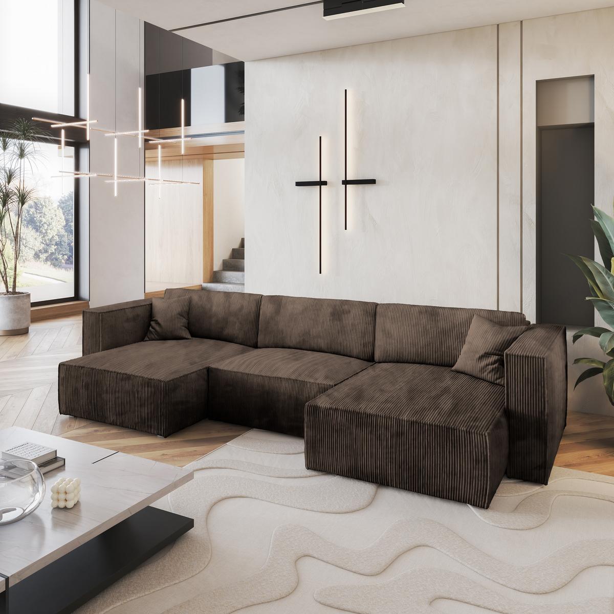 WOHNLANDSCHAFT SARMO P Braun Kordstoff mit Schlaffunktion - Braun/Grau, Holz/Kunststoff (347/70/148cm) - MASSENO