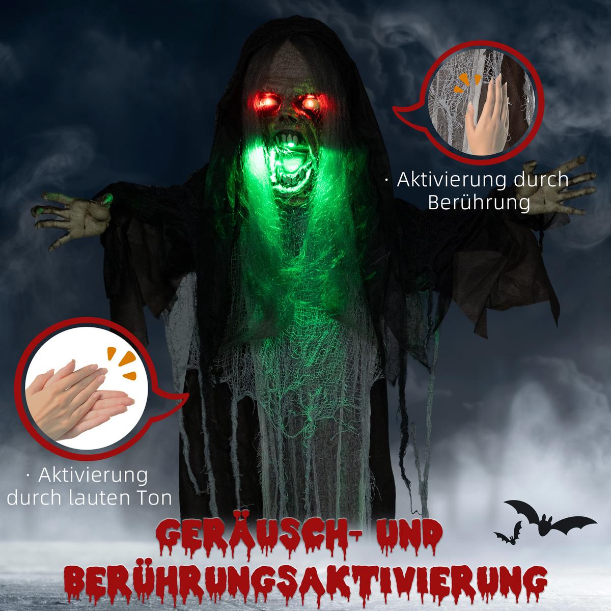 HALLOWEEN DECORATIONS 183cm Hängendes Monster mit grün LED-Lichter, Soundfunktion - Schwarz, Kunststoff (18/183/70cm) - HOMCOM