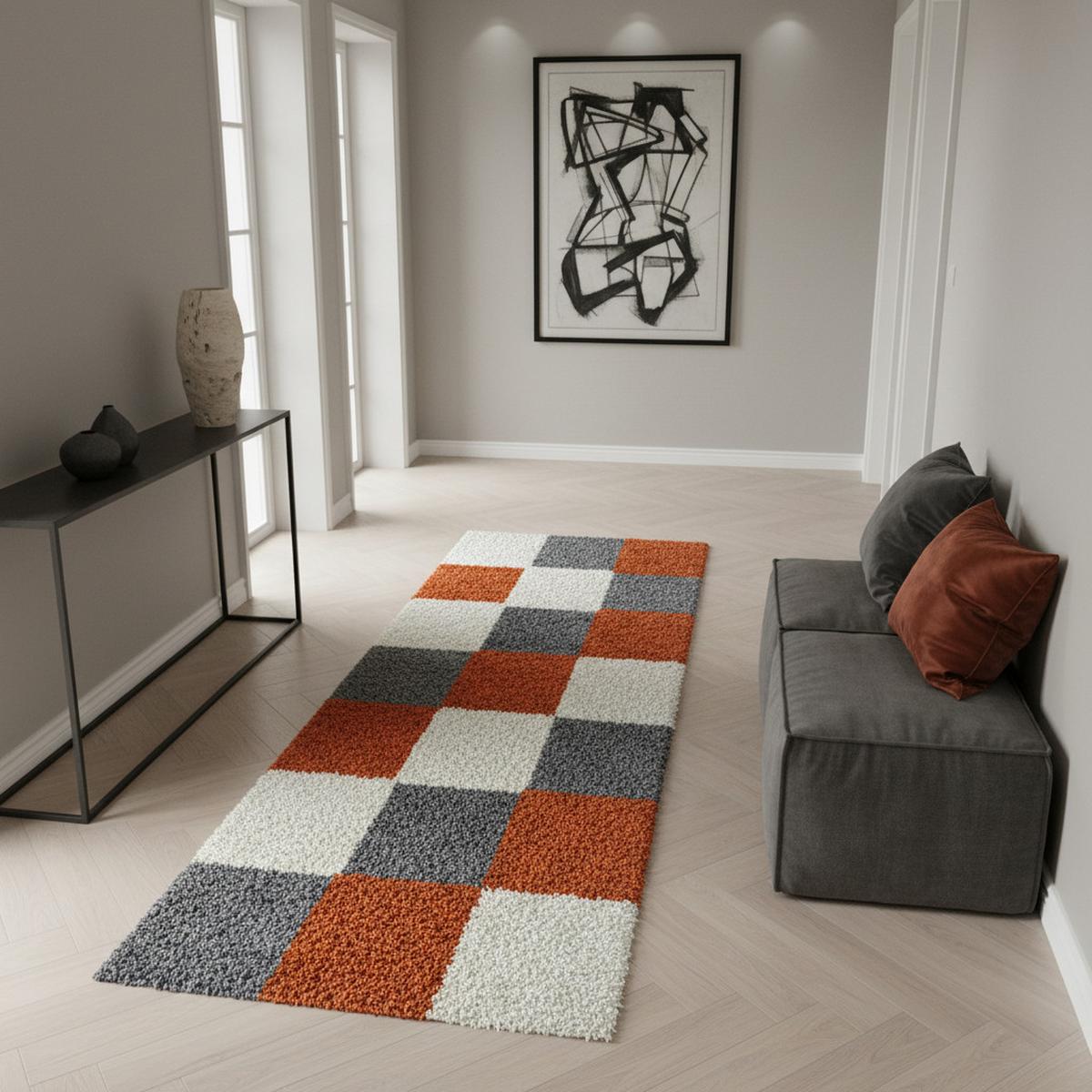 HOCHFLORTEPPICH RHEIN, kariert, Terrakotta, 80 x 250 cm - Orange, Textil (250/80cm) - KADIMA DESIGN