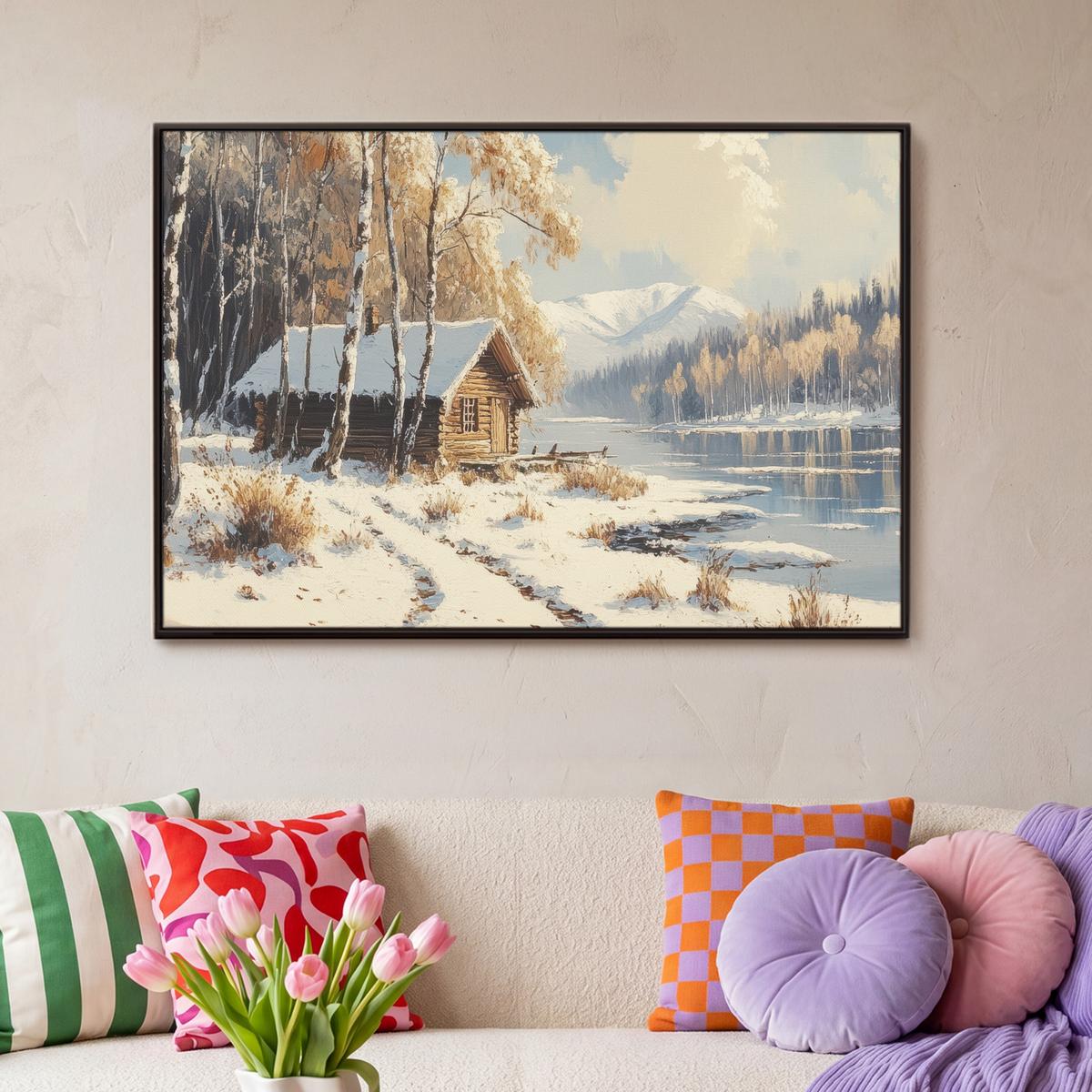 LEINWAND Bilder mit Rahmen - Winter - Schnee - Zuhause - Natur - 90x60 - Hellbraun, Textil (90/60cm) - MuchoWow