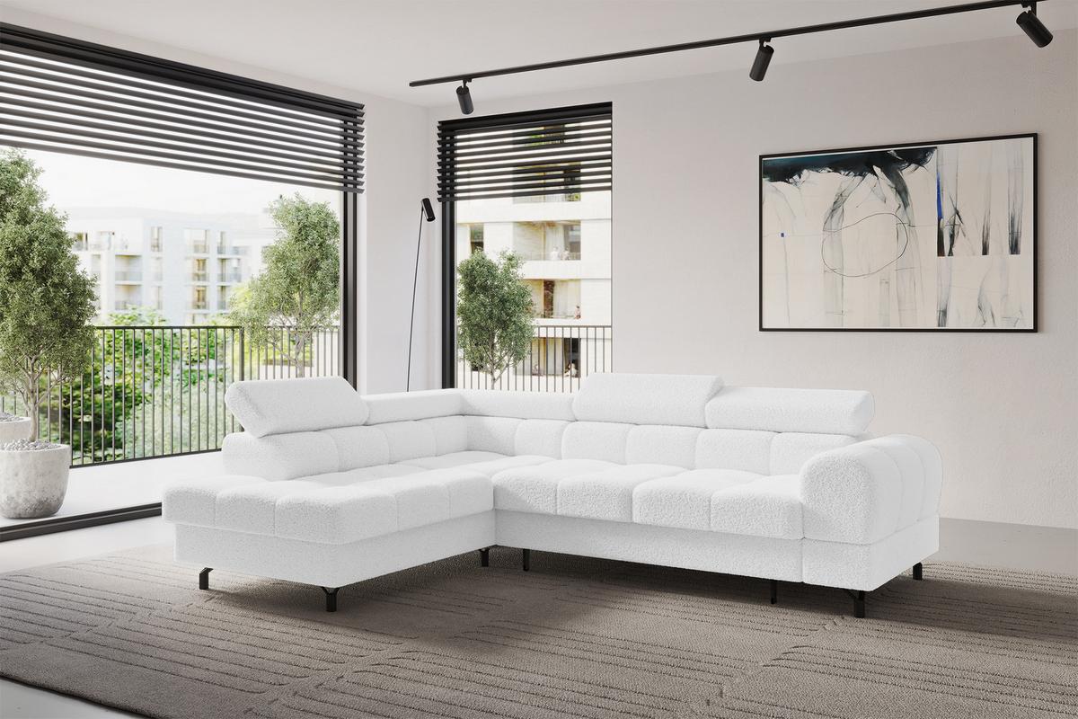 ECKSOFA mit Schlaffunktion Ottomane Links LUMA-L 272x203x70 Weiß Bouclé - Schwarz/Weiß, Holzwerkstoff/Kunststoff (272/203cm) - ALTDECOR