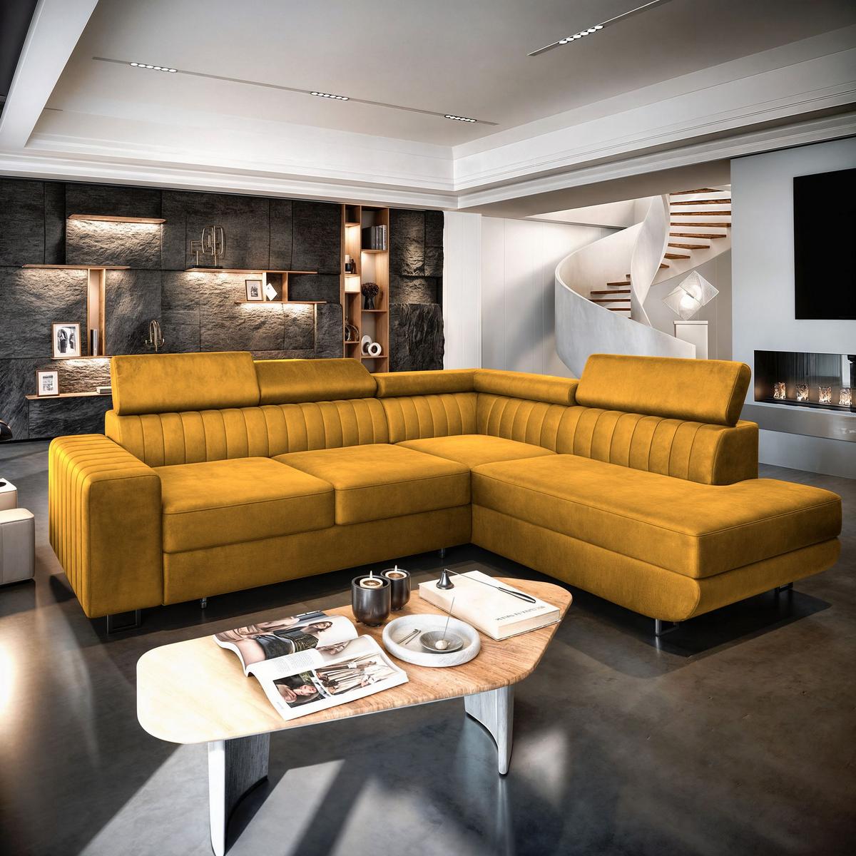 ECKSOFA NOLA R-S Gelb Velours-Stoff mit Schlaffunktion - Gelb/Silberfarben, Holz/Textil (253/190cm) - MASSENO