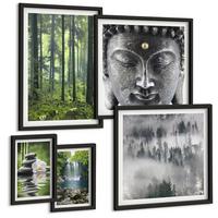 BILDER SET 5er Set - 50x50 cm & 20x30 cm & 40x60 cm Schwarzer Rahmen - Harmonie der Natur, Steine, Wasser, Buddha - Schwarz, Kunststoff (40/60cm) - TULUP