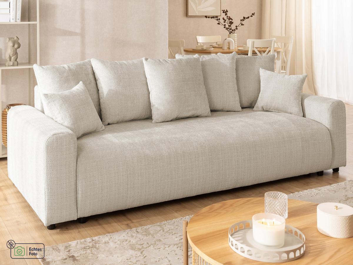 SCHLAFSOFA Calma mit Bettkasten im Bumpy-Design aus weichem Beige Chenille-Stoff - Beige/Schwarz, Holz/Kunststoff (239/88/98cm) - S-Style