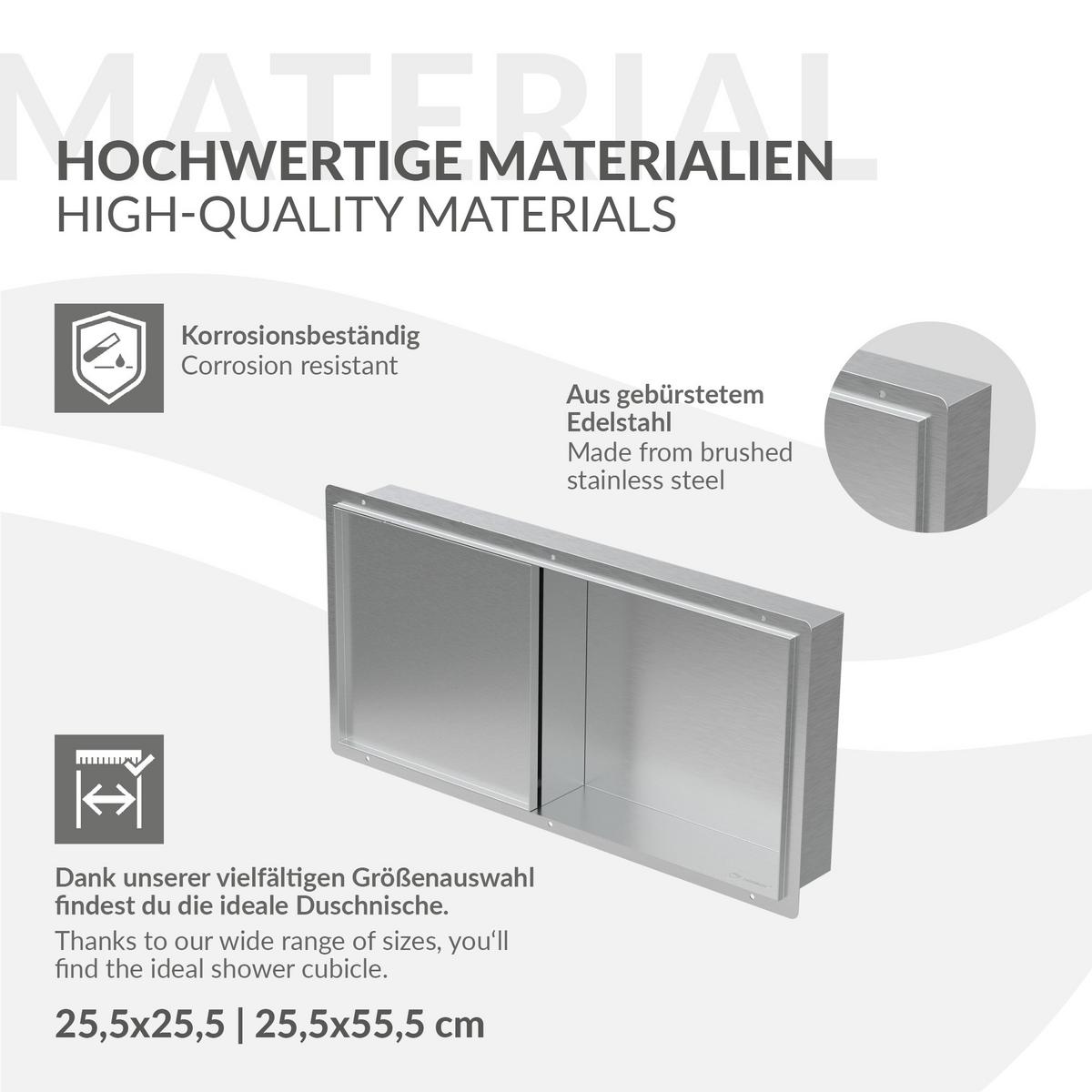 DUSCHNISCHE Edelstahl gebürstet mit befliesbarer Tür Silber 25,5/25,5 cm - Silberfarben, Metall (60/10/30cm) - LuxeBath