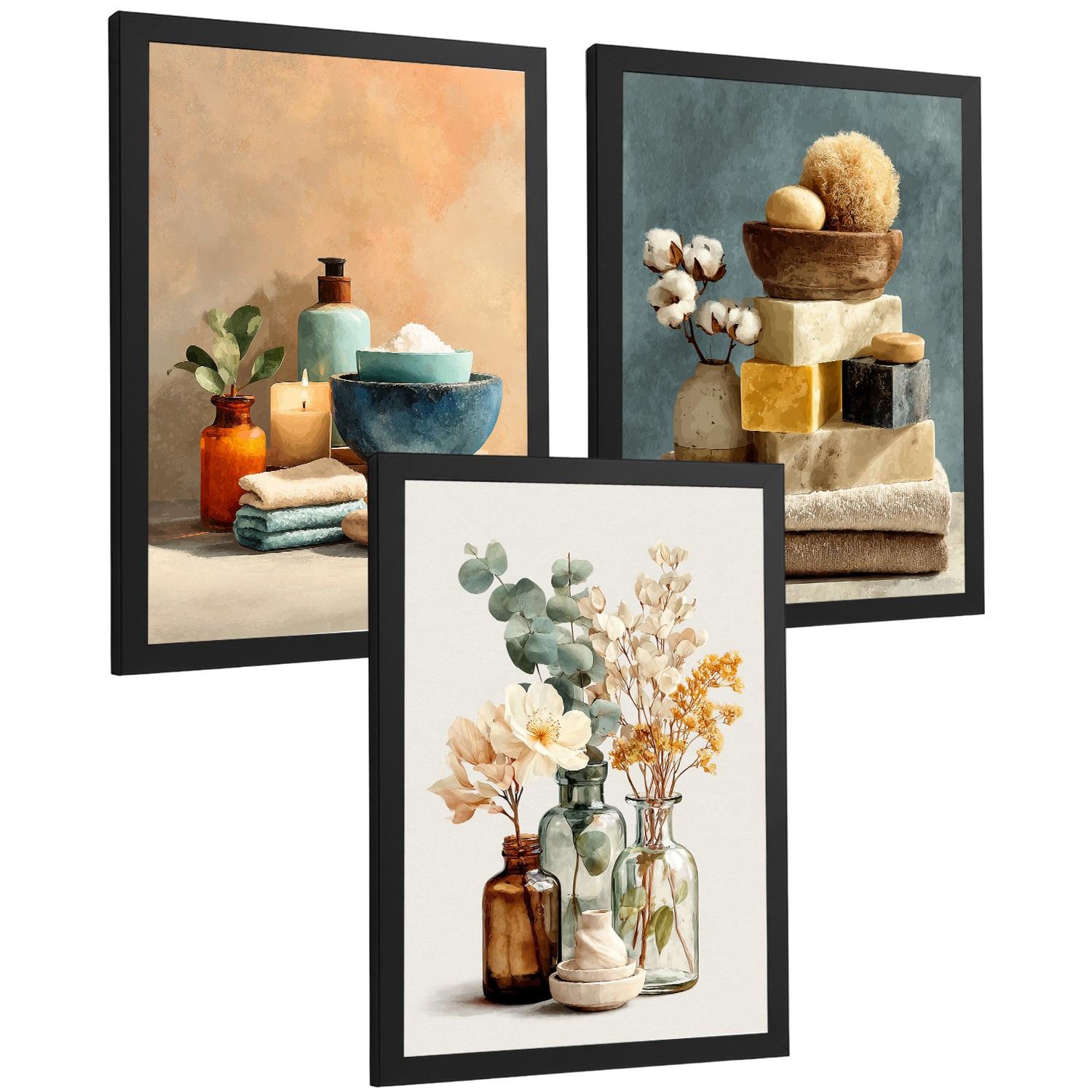 POSTER 3er-Set dekorative Badezimmer-Wandbilder und für Waschbecken, Dusche, WC mit Kerzen, Seifen und Blumen, farbenfroher Schwarzer Rahmen A3 - Schwarz, Papier (42/29.7/3cm) - Nacnic