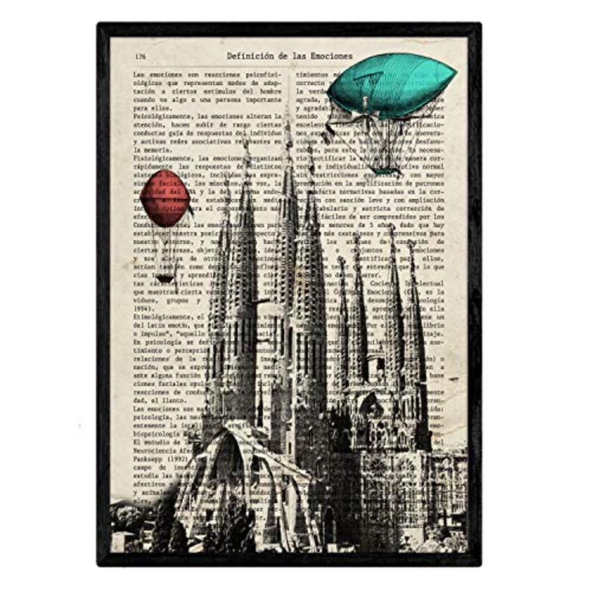 POSTER Set mit 4 Enzyklopädie Jahrgang London, Barcelona, Moskothek, Paris A4 Schwarzer Rahmen - Schwarz, Papier (29.7/3cm) - Nacnic