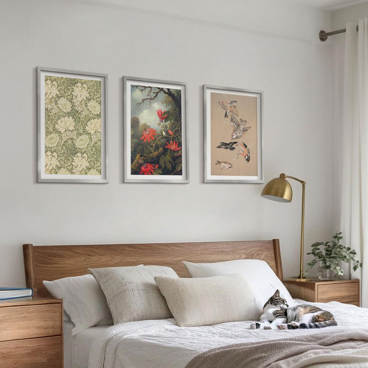 BILDER SET 3er Set - 40x60 cm Silberner Rahmen - Blumen, Vögel, Natur - Silberfarben, Kunststoff (40/60cm) - TULUP