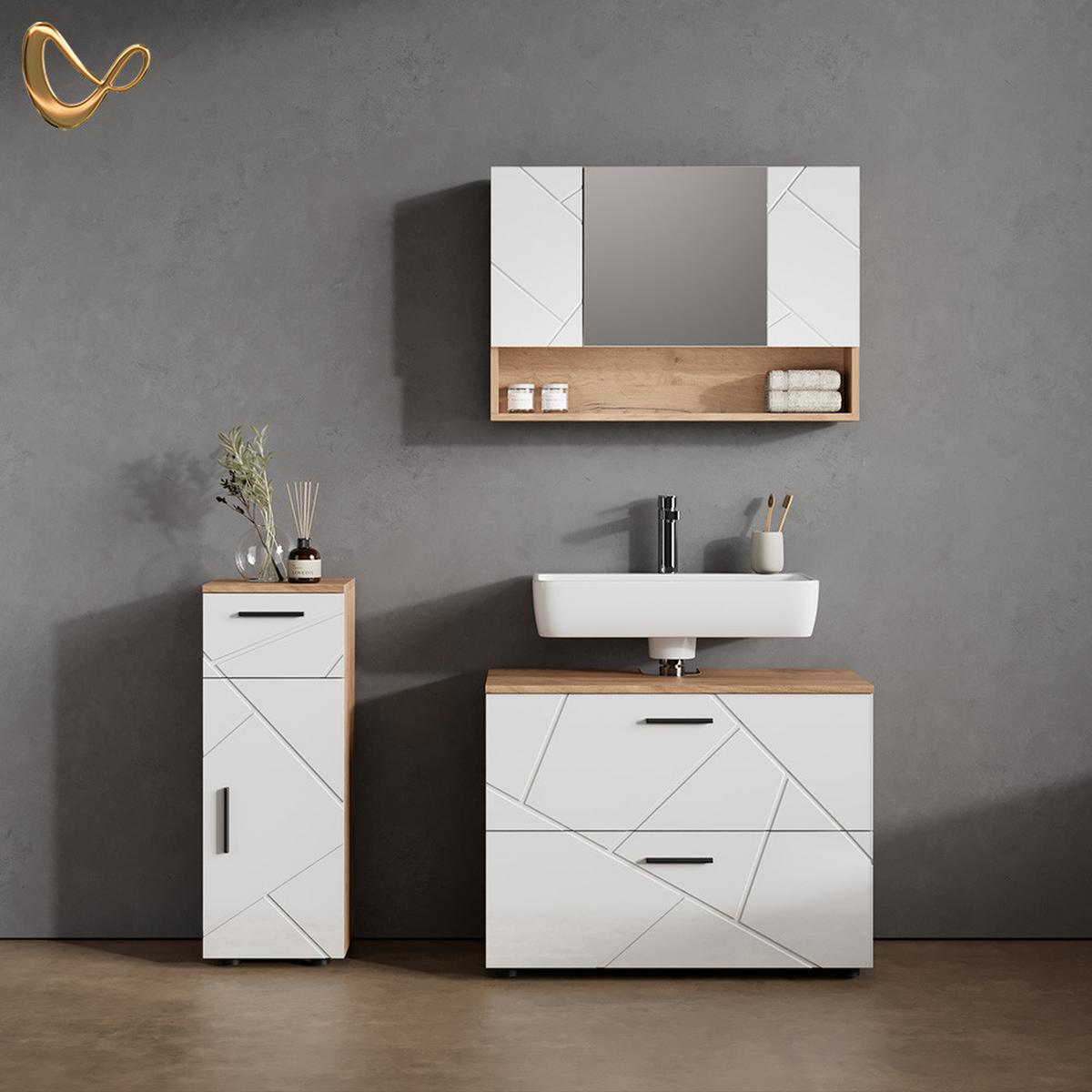 BADMÖBEL-SET Ronco Weiß Hochglanz/Goldkraft Eiche 3 Teile, mit Schubladenschrank und Midischrank - Honigeiche/Weiß Hochglanz, Holzwerkstoff (80/58/41cm) - Livinity®