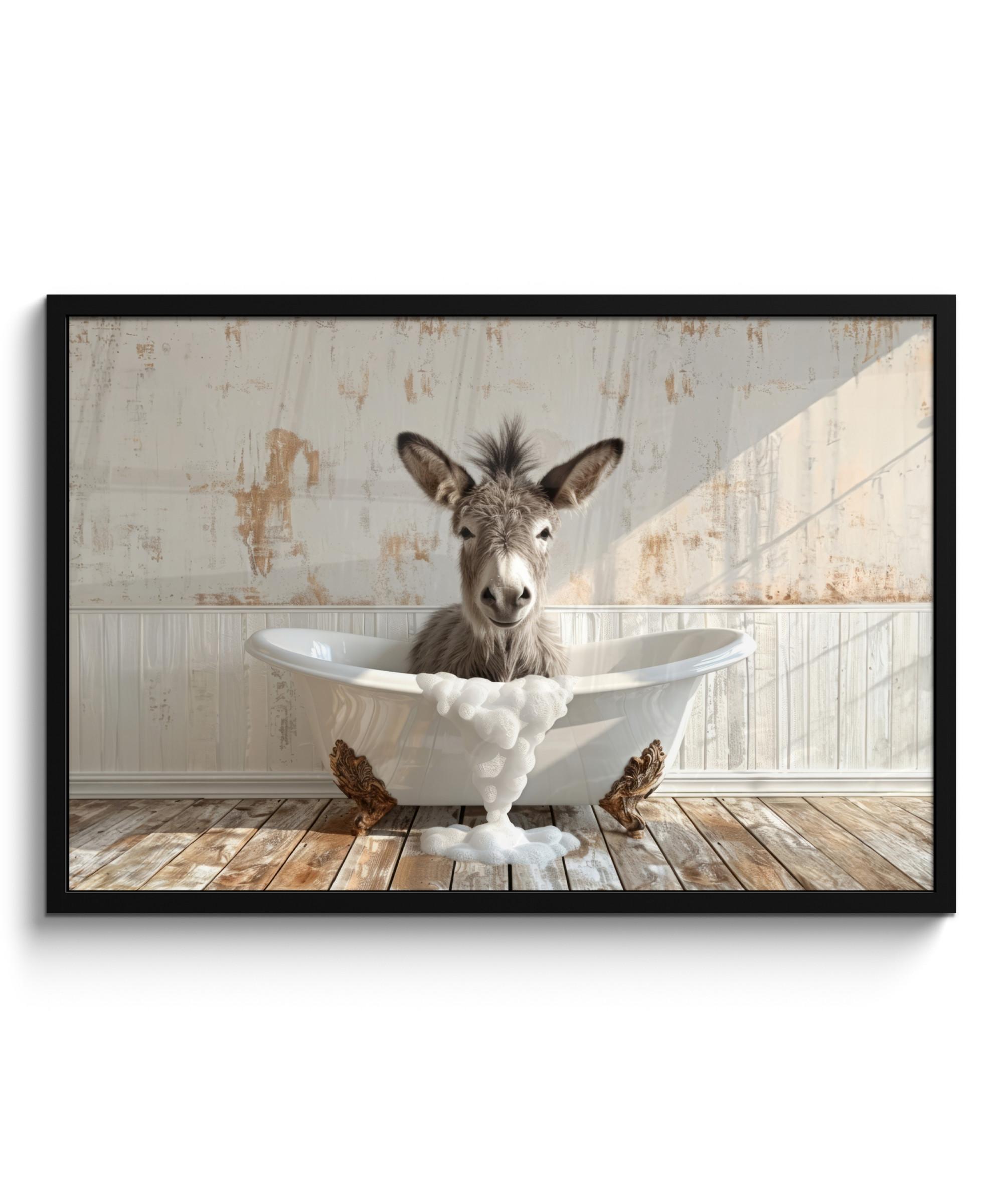 POSTER MIT RAHMEN Esel - Tiere - Badewanne - Schaumstoff 90x60 cm - Weiß, Papier (90/60cm) - MuchoWow