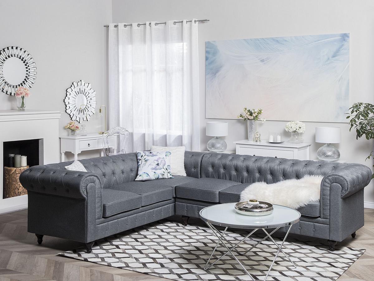 ECKSOFA Polsterbezug Schwarz linksseitig Chesterfield - Grau, Textil (280/85cm) - Beliani