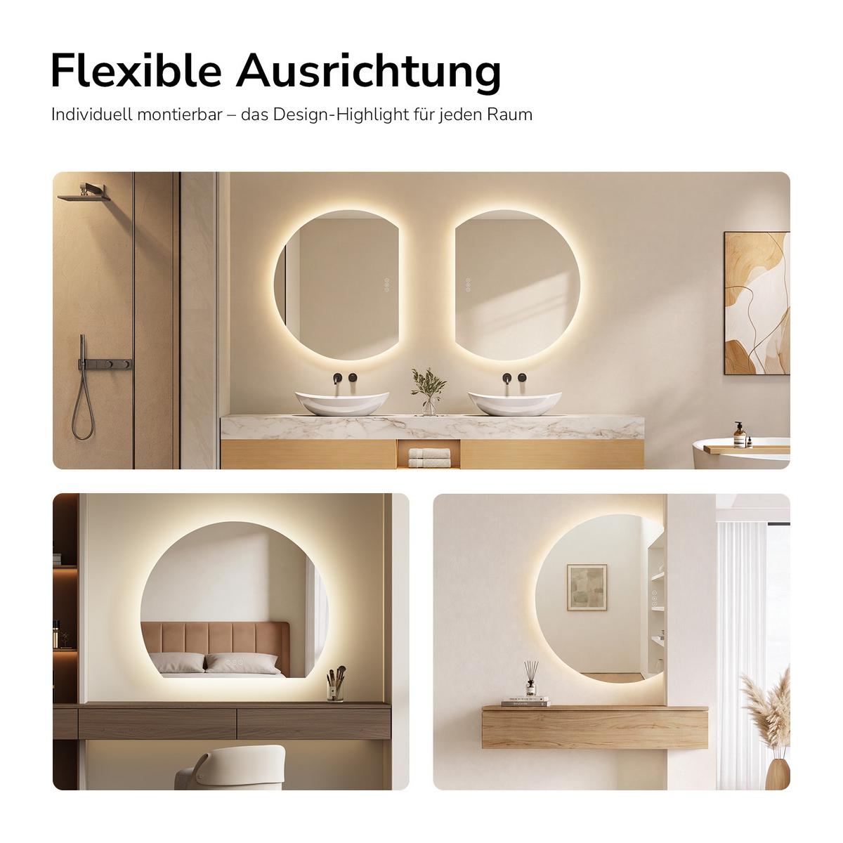BADSPIEGEL LED 100 x 83 cm mit 3 Lichtfarben, Antibeschlagfunktion und Touch-Schalter - Transparent, Glas (100/83/2.5cm) - EMKE