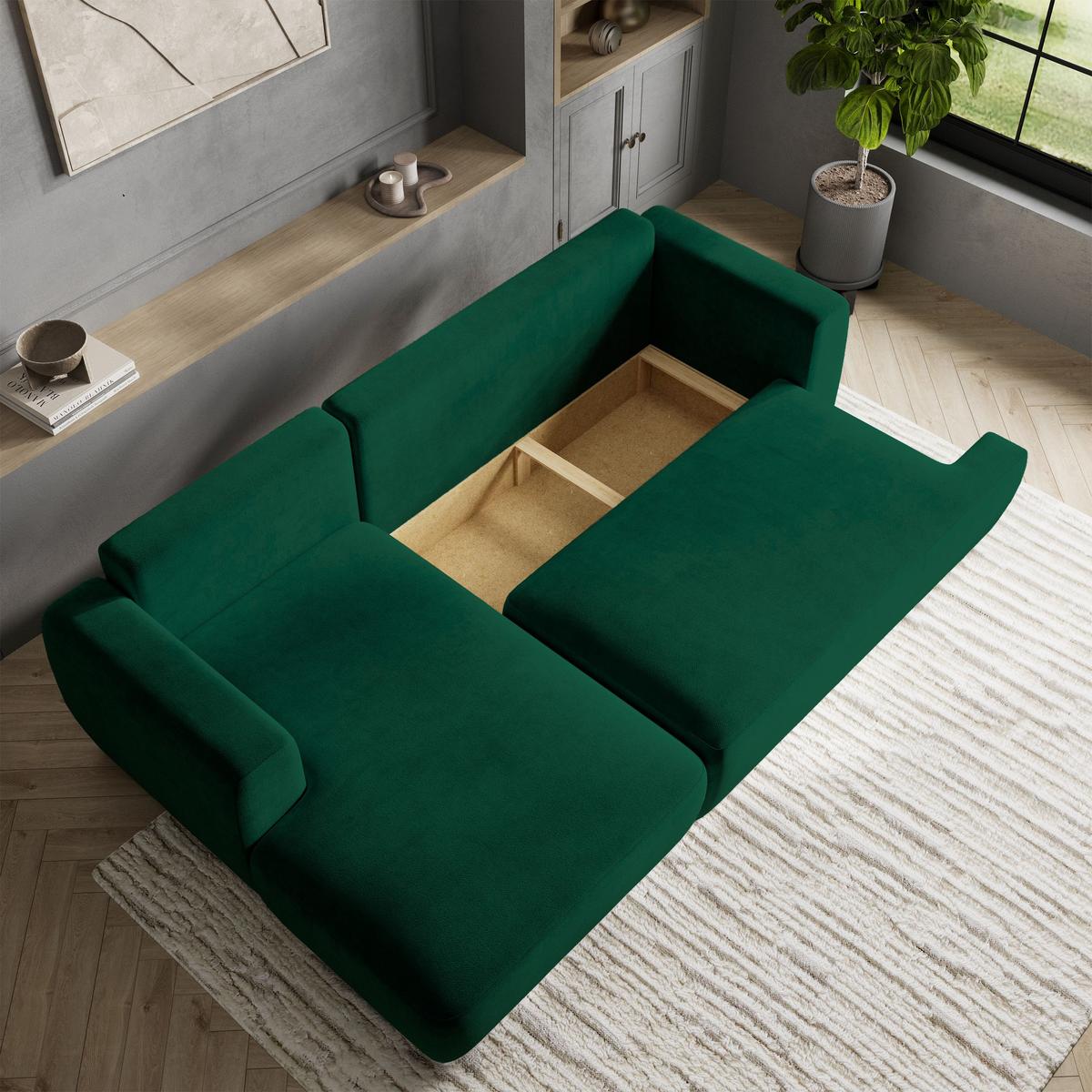 ECKSOFA SENTI K L-S Grün Plüsch-Stoff mit Schlaffunktion - Schwarz/Grün, Holz/Kunststoff (246/148cm) - MASSENO