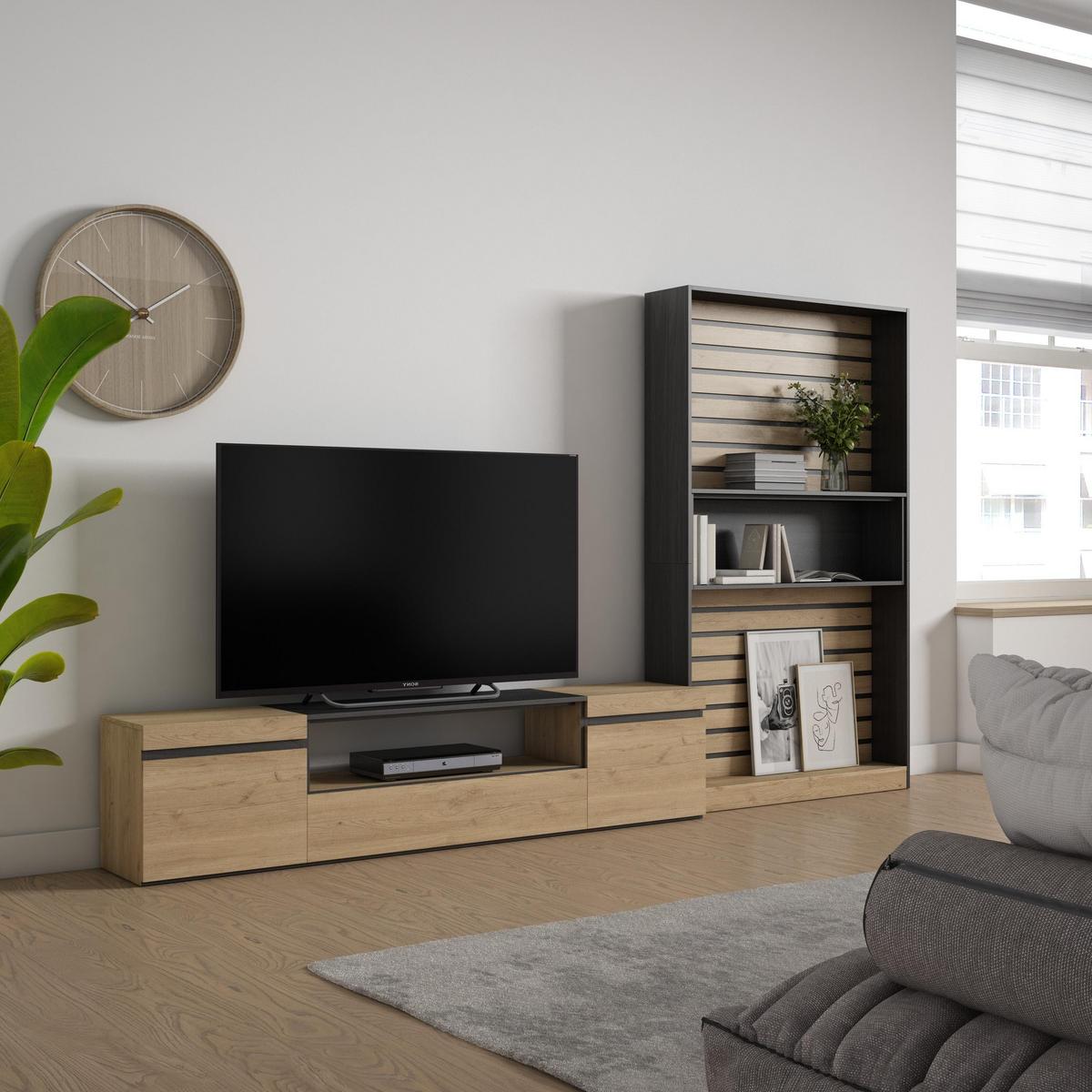 WOHNWAND Wohnzimmer, eiche, schwarz, 310/35/186cm - Eichefarben/Beige, Holzwerkstoff (310/186/35cm) - Skraut Home