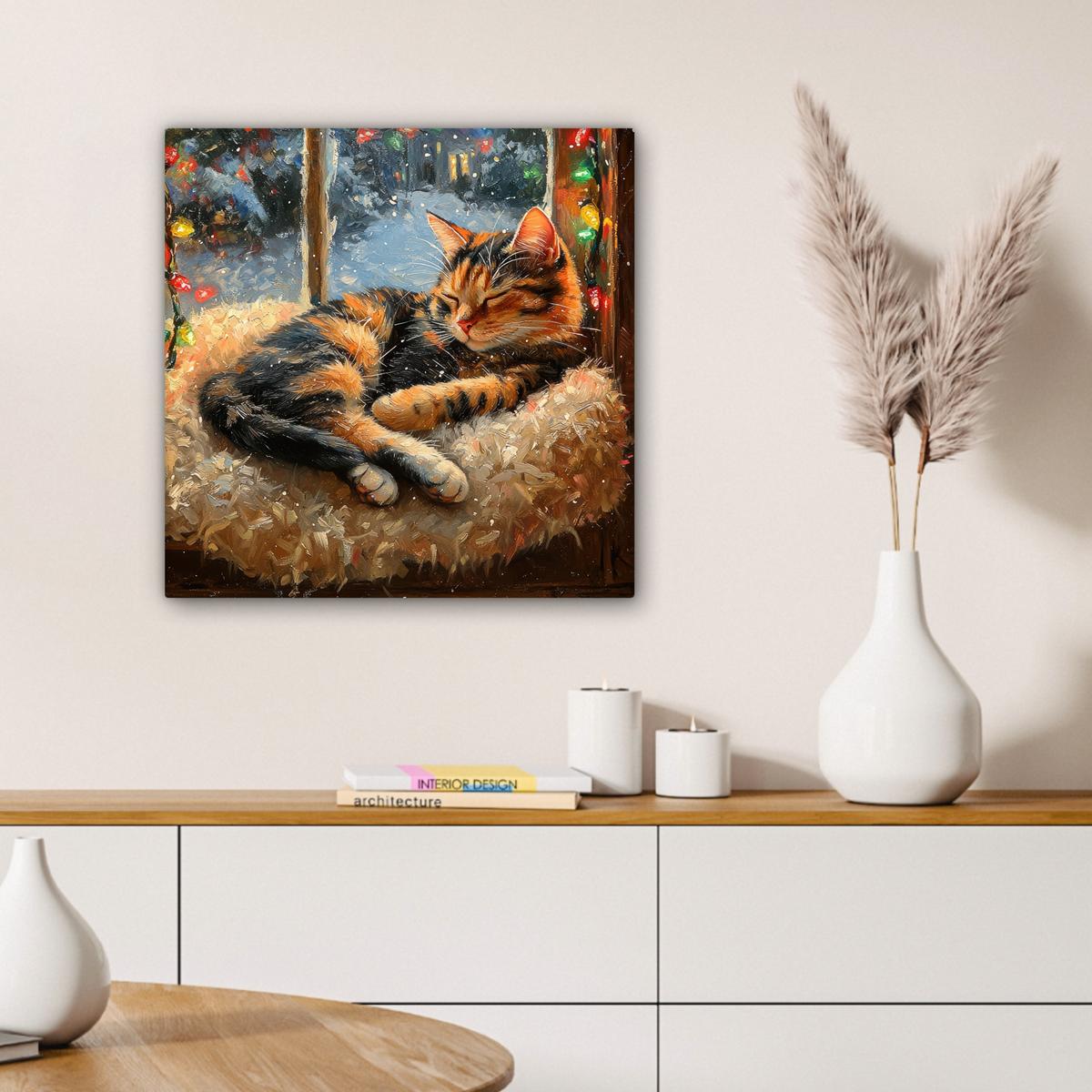 LEINWANDBILD Katze - Weihnachten - Winter - Tier Wandbild Wohnzimmer 50x50 cm - Bernsteinfarben, Textil (50/50cm) - MuchoWow