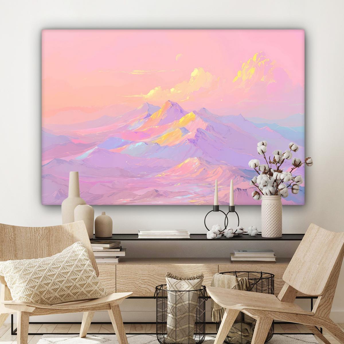 LEINWANDBILD Berggipfel - Wolken - Verträumt Wohnzimmer Groß 120x80 cm - Hellrosa, Textil (120/80cm) - MuchoWow