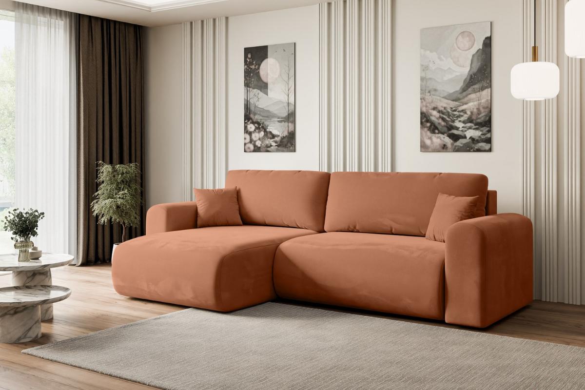ECKSOFA mit Schlaffunktion und Bettkasten ORRO-L - 272x145x83 cm Koralle Velours - Koralle/Schwarz, Holzwerkstoff/Kunststoff (272/145cm) - ALTDECOR