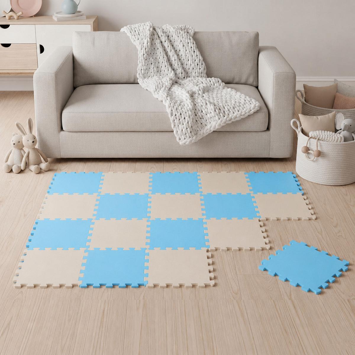 SPIELMATTE ab Null - 180/90/1 cm Puzzlematte Beige - Beige/Hellblau, Kunststoff (30/30cm) - Littletom
