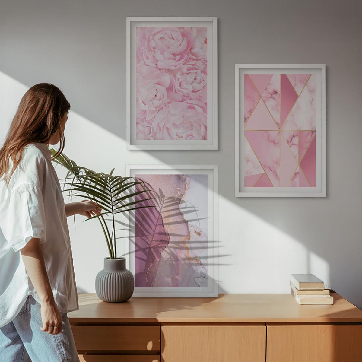 BILDER SET 3er Set - 40x60 cm Weißer Rahmen - Rosa geometrische Pfingstrosen - Weiß, Kunststoff (40/60cm) - TULUP