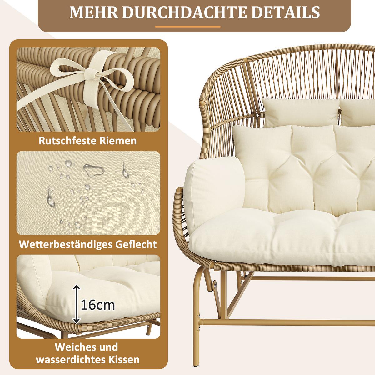 GARTENSCHAUKEL 145 cm Natur PE-Rattan 2-Sitzer Schaukelstuhl mit Kissen & Metallgestell für Balkon und Terrasse - Naturfarben, Metall (145/143/85cm) - Urban Meuble