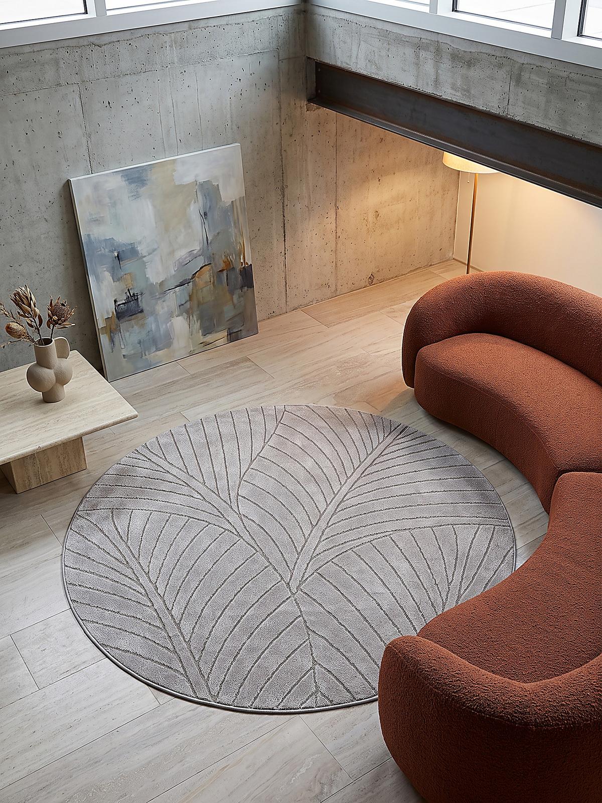 TEPPICH Outdoor, Fußbodenheizung-geeignet, mit Blattmotiv, ENGADIN in Silbergrau, Ø 120 cm - Grau, Textil (120/120cm) - KADIMA DESIGN