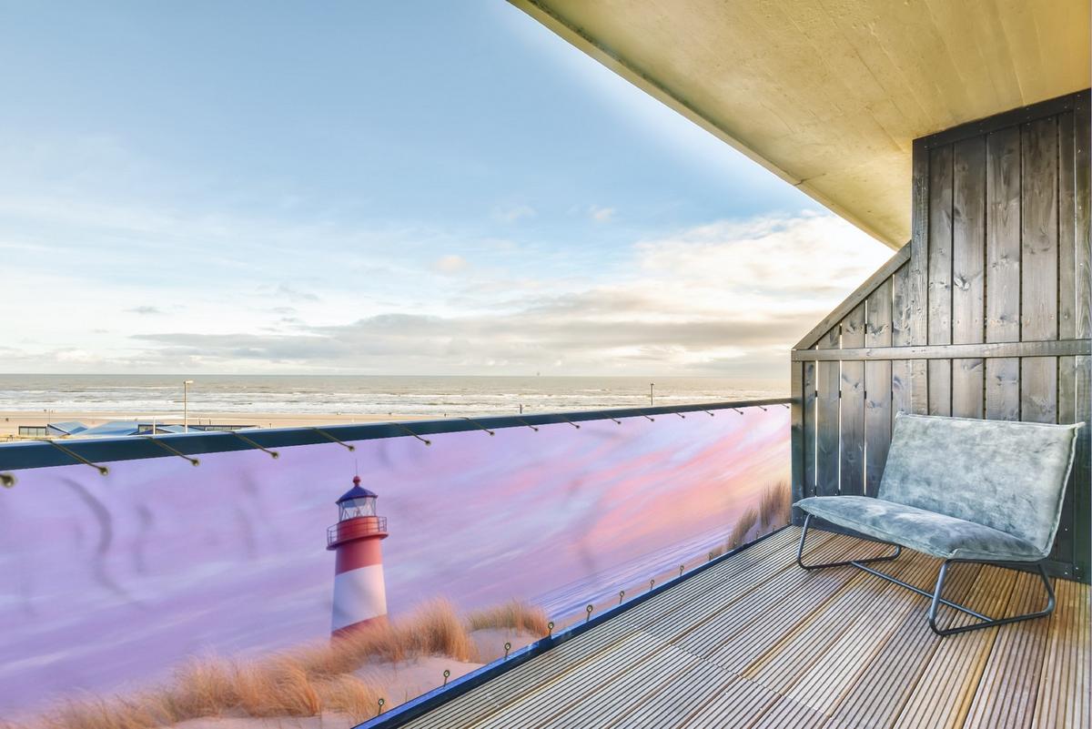 BALKON-SICHTSCHUTZ Leuchtturm - Dünen - Sonnenuntergang Deko XXL 500x100 cm - Hellrosa, Kunststoff (500/100cm) - MuchoWow