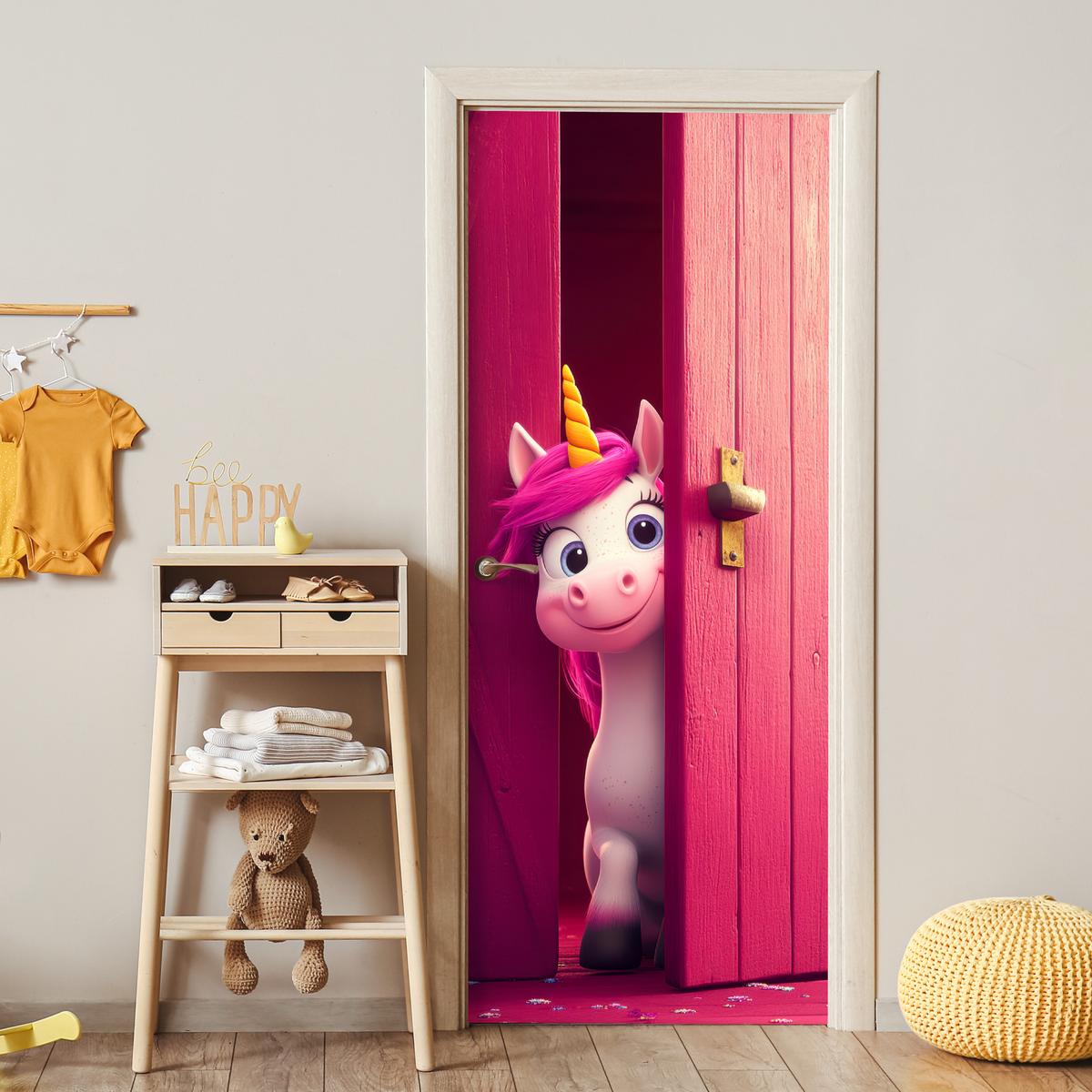 TÜRAUFKLEBER Einhorn - Rosa - Tür - Fantasie 90x215 cm - Türtapete - Pink, Kunststoff (90/0.1cm) - MuchoWow