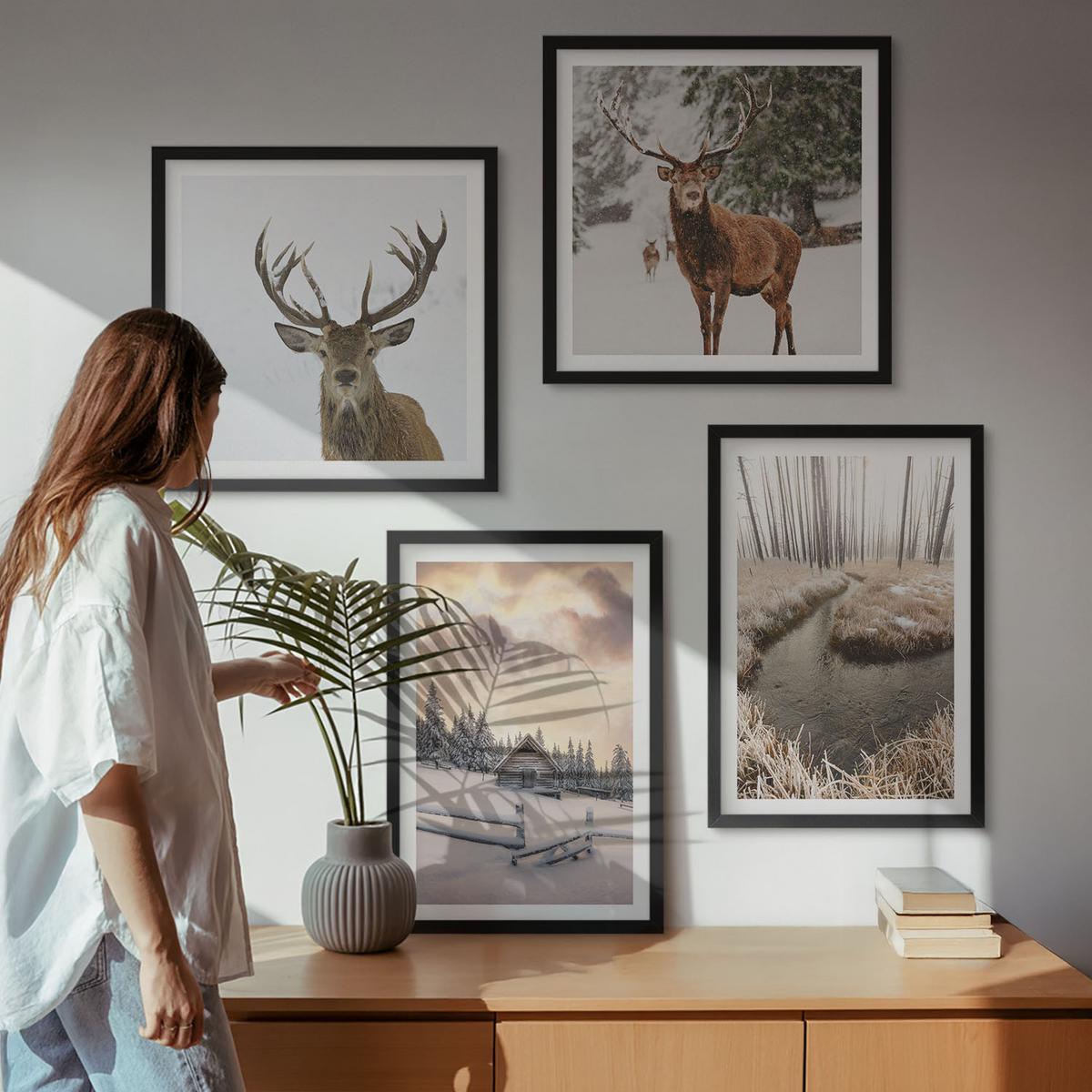 BILDER SET 4er Set - 50x50 cm & 40x60 cm Schwarzer Rahmen - Winterlandschaft mit Hirschen - Schwarz, Kunststoff (50/50cm) - TULUP