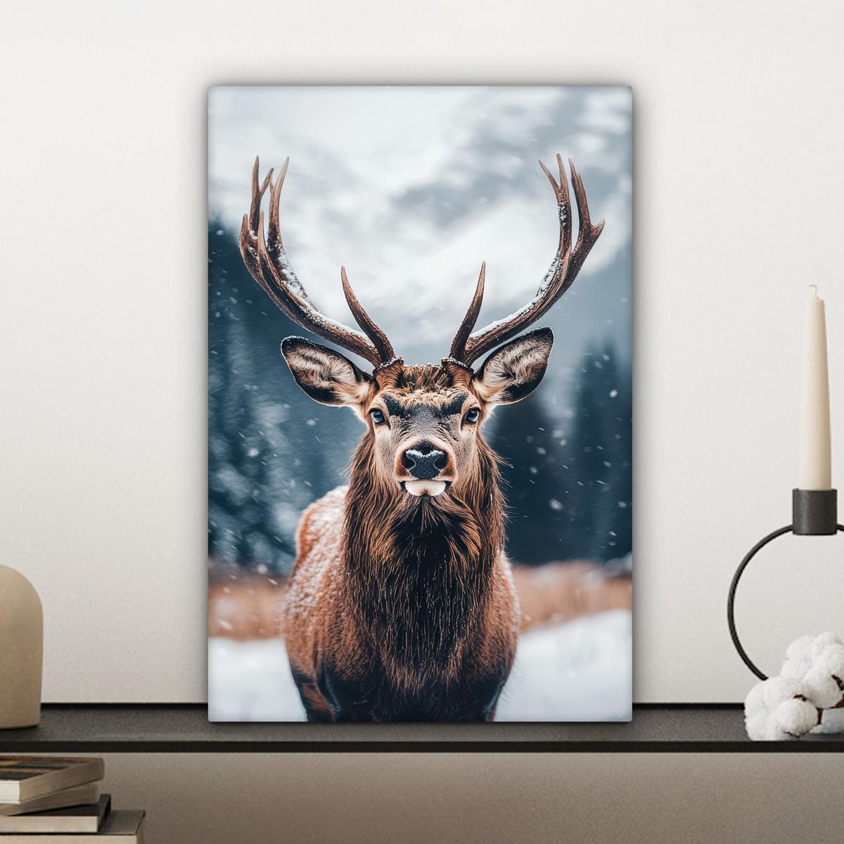 LEINWANDBILD Hirsche - Tiere - Landschaft - Winter - Schnee Deko Wohnzimmer 20x30 cm - Kastanienfarben, Textil (20/30cm) - MuchoWow