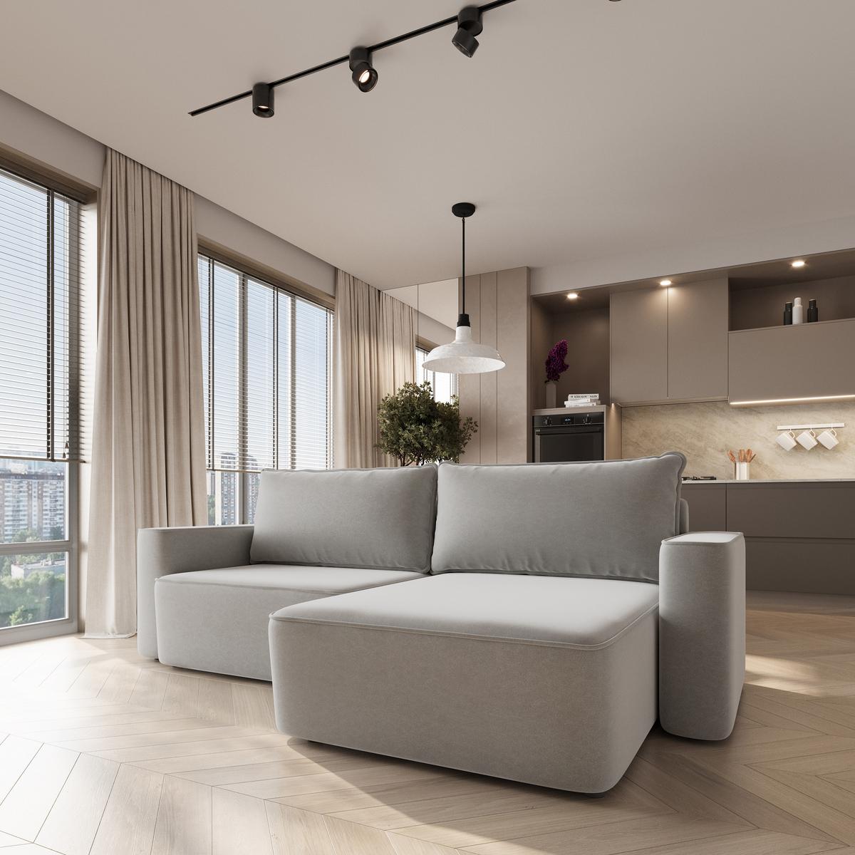 ECKSOFA BELISE CL Hellgrau Veloursstoff mit Schlaffunktion - Hellgrau, Holz/Textil (252/162cm) - MASSENO