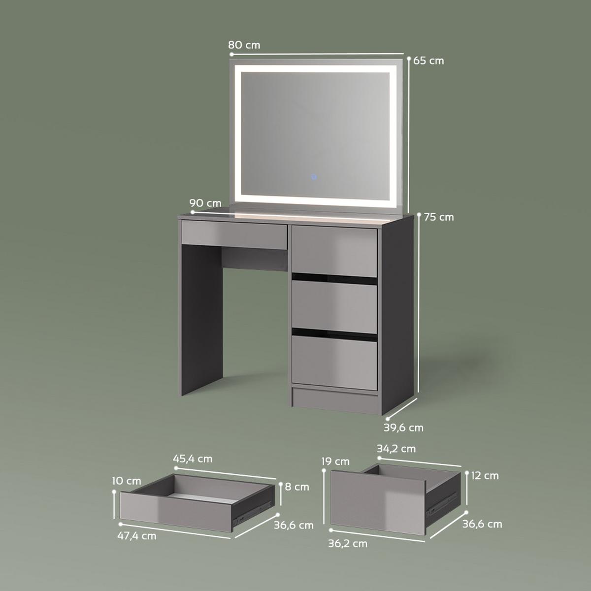 SCHMINKTISCH-SET Imola Grau 90 cm mit LED-Spiegel - Grau, Holzwerkstoff (90/75/40cm) - Livinity®