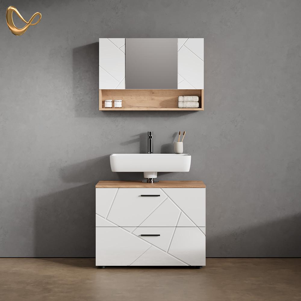 BADMÖBEL-SET Ronco Weiß Hochglanz/Goldkraft Eiche 2 Teile, Unterschrank 80 cm - Honigeiche/Weiß Hochglanz, Holzwerkstoff (80/58/41cm) - Livinity®