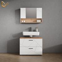 BADMÖBEL-SET Ronco Weiß Hochglanz/Goldkraft Eiche 2 Teile, Unterschrank 80 cm - Honigeiche/Weiß Hochglanz, Holzwerkstoff (80/58/41cm) - Livinity®