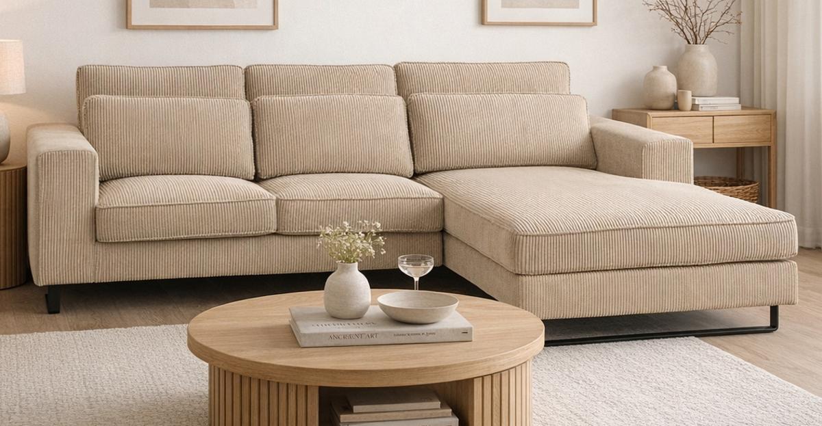 SOFA beige Cord 276 cm, Ecksofa 4-Sitzer, L-Sofa Ottomane rechts - Beige/Schwarz, Holz/Textil (276/183cm) - Inn.Furn