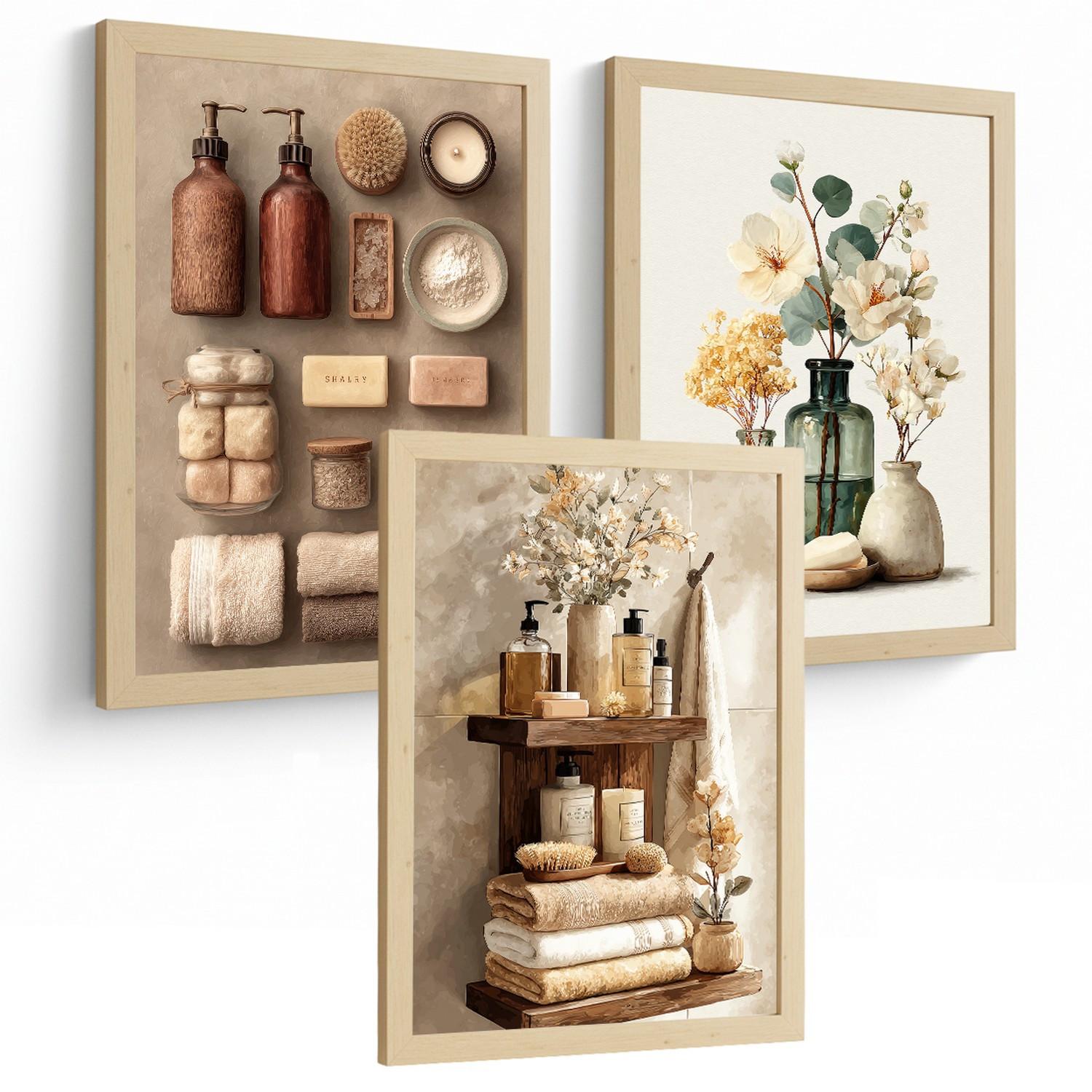 POSTER 3er-Set dekorative Badezimmerdrucke, natürlicher Spa-Stil, minimalistische Bilder mit Blumen Zen-Poster, Wohndekoration Leichter Holzrahmen A4 - Beige, Papier (29.7/21/3cm) - Nacnic