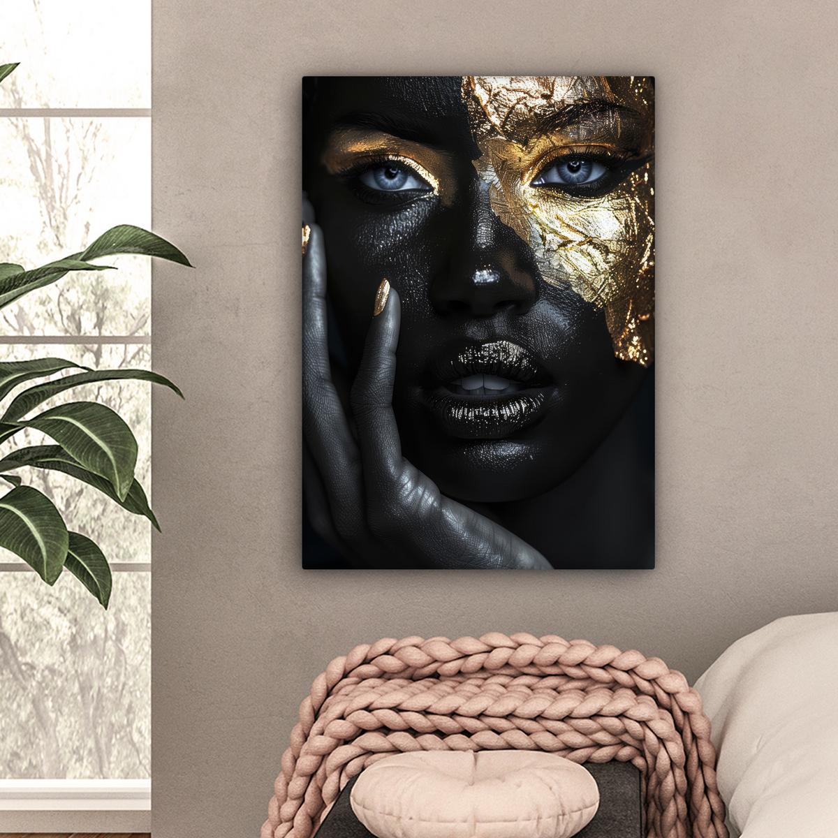 LEINWANDBILD Frau - Gold - Porträt - Schwarz-Weiß - Luxus Wandbild Wohnzimmer 60x80 cm - Hellblau, Textil (60/80cm) - MuchoWow