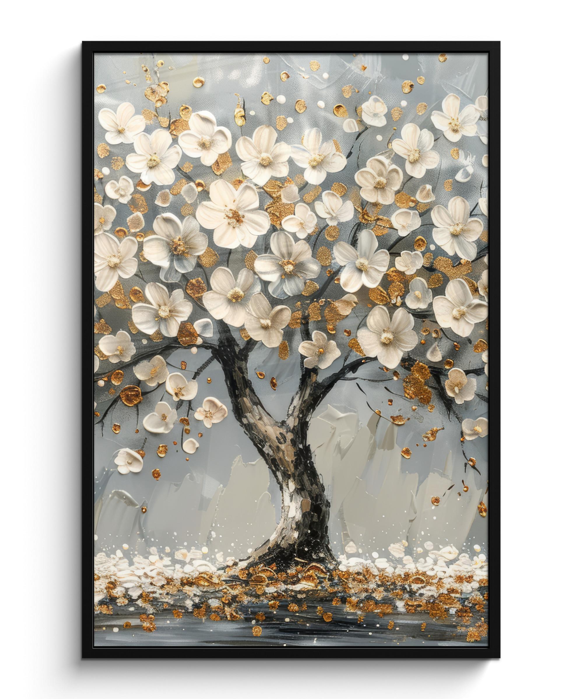 POSTER MIT RAHMEN Baum - Blumen - Weiß - Natur - Kunst Bilderleiste 80x120 cm - Weiß, Papier (80/120cm) - MuchoWow