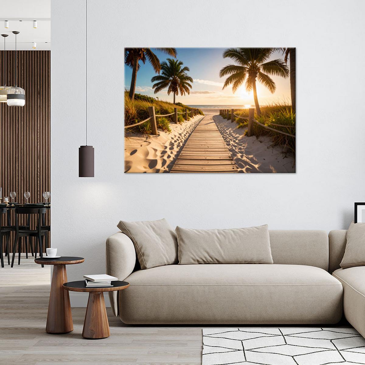 LEINWANDBILD Weg zum Strand Landschaft Palmen 100x70cm - Orange, Textil (100/70cm) - Feeby