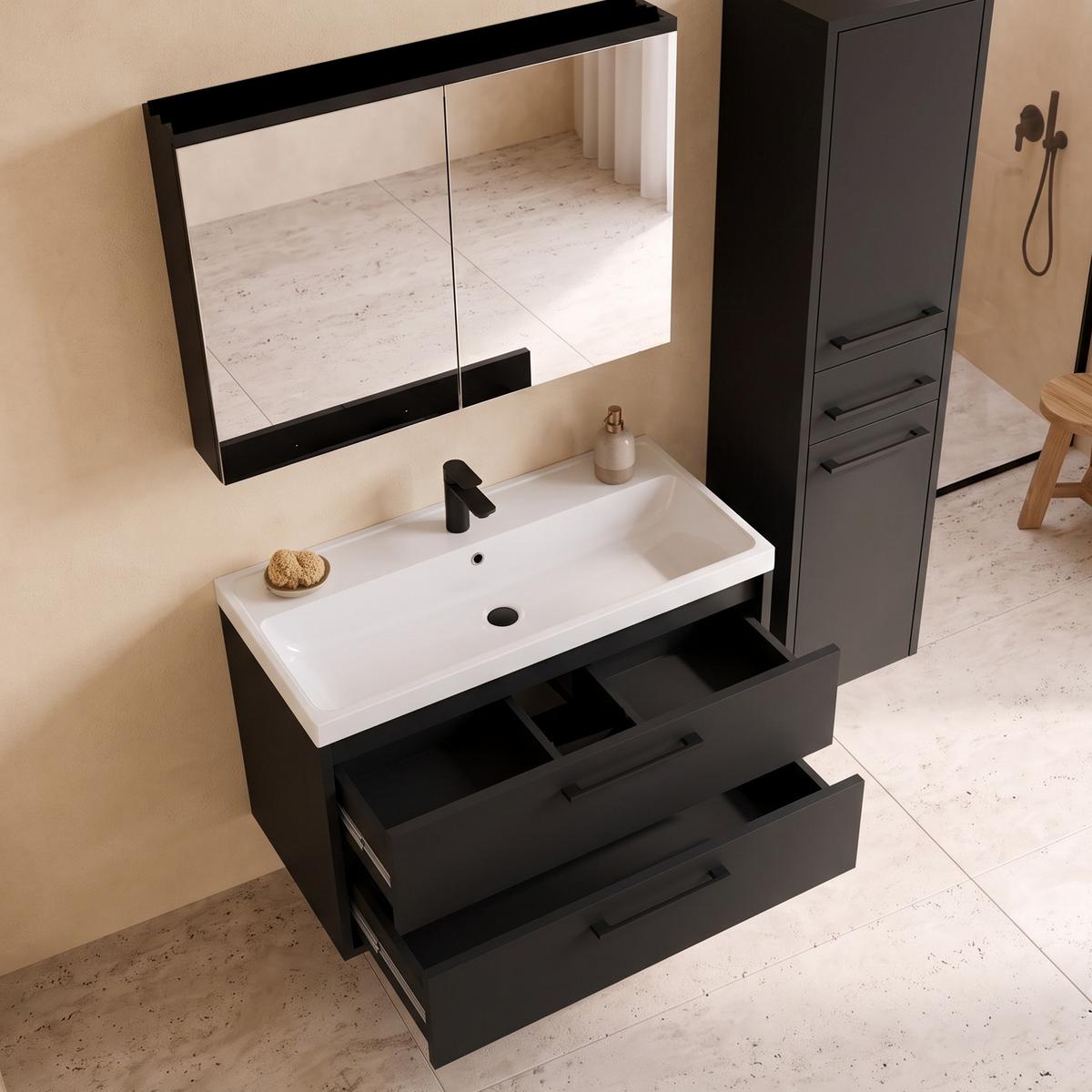 BADMÖBEL-SET Florence 3 Teile Matt Schwarz - 80 x 35 x 51 cm - Schwarz, Holz (80/51/35cm) - Badplaats