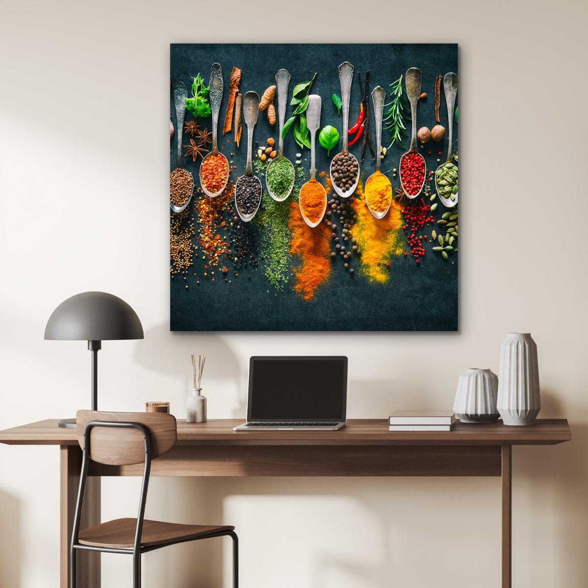 METALLBILD Kräuter - Gewürze - Löffel 90x90 cm - Currygelb, Metall (90/90cm) - MuchoWow