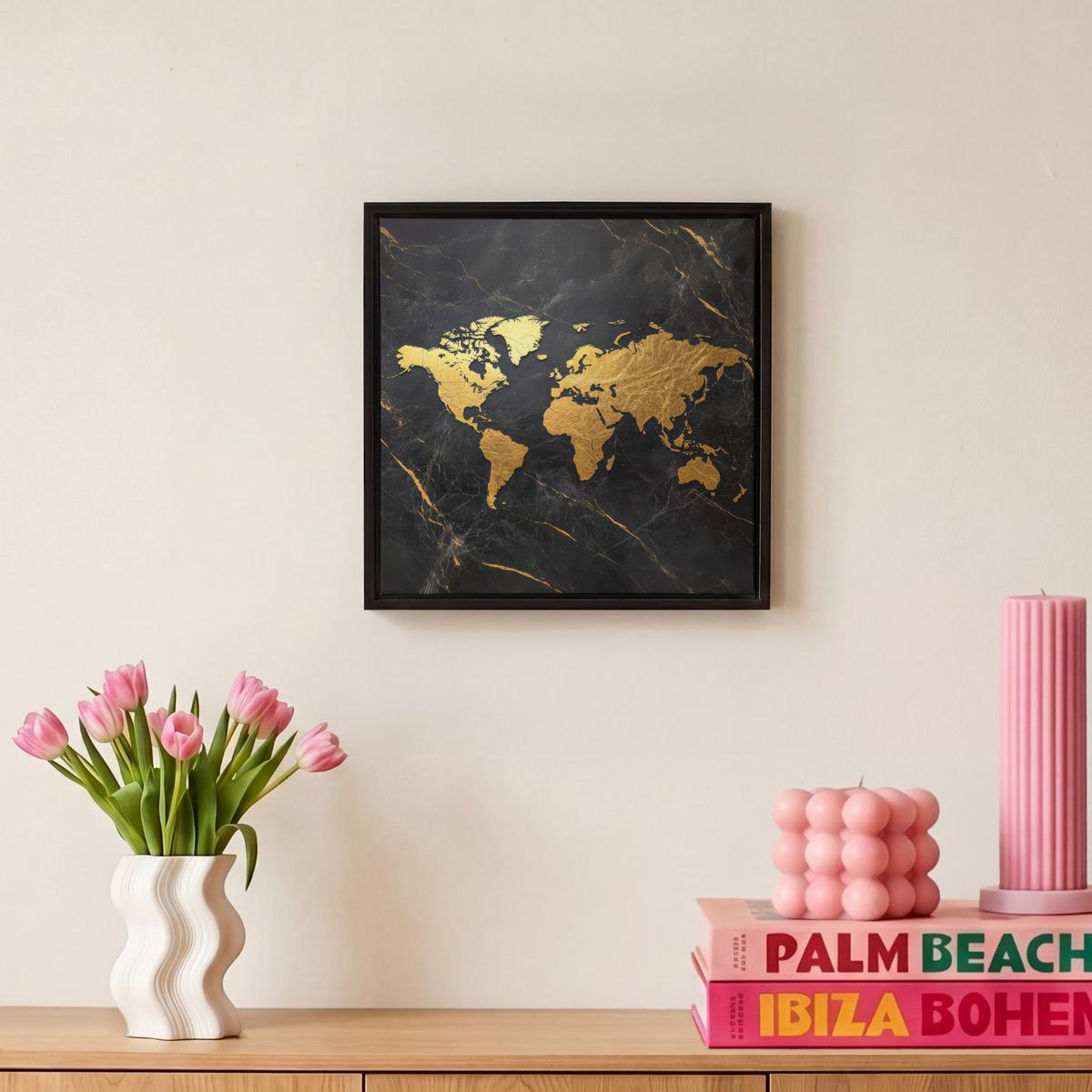 LEINWAND Bilder mit Rahmen - Weltkarte - Gold - Marmor - 20x20 - Goldfarben, Textil (20/20cm) - MuchoWow