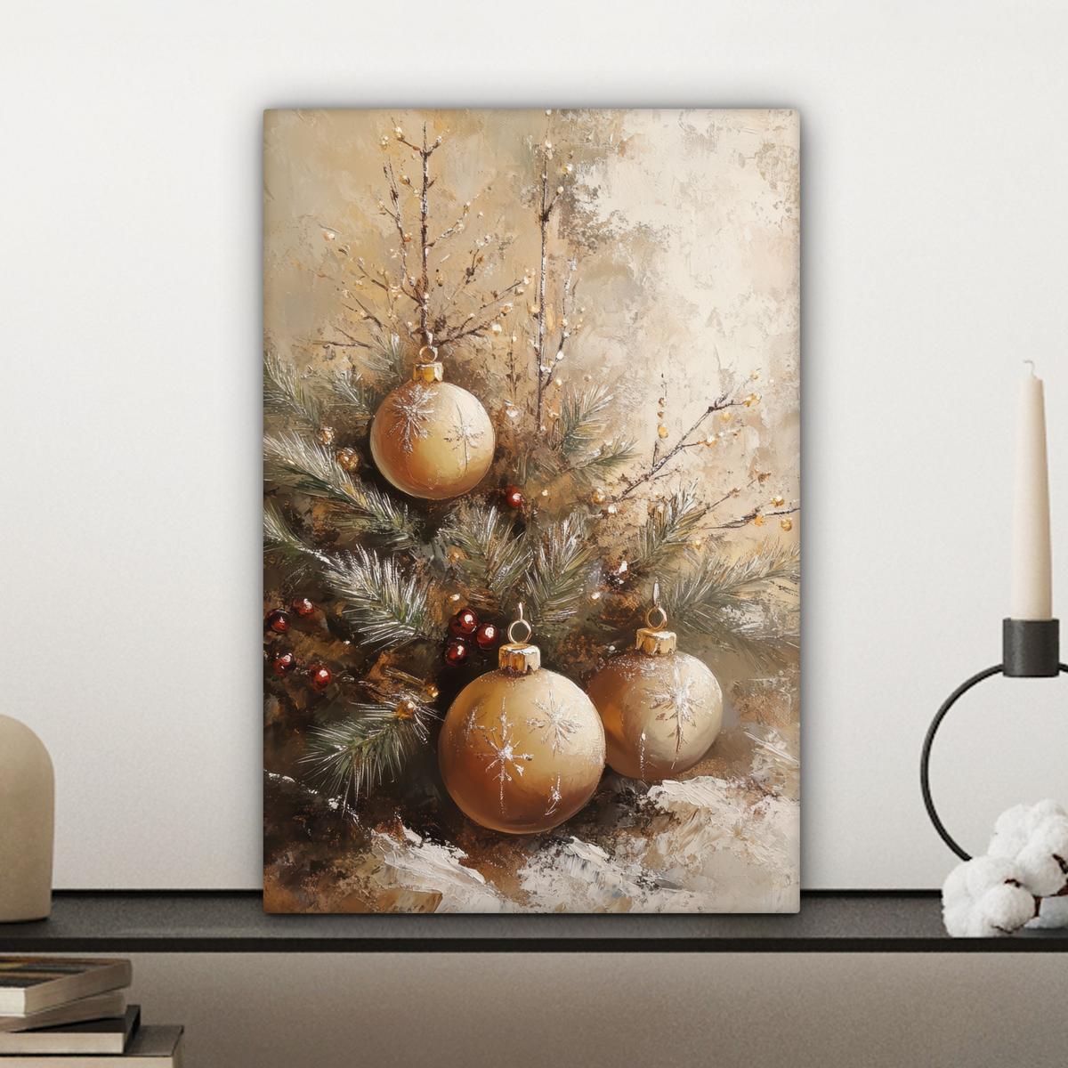 LEINWANDBILD Weihnachten - Kugeln - Beige - Gold Deko Wohnzimmer 20x30 cm - Goldfarben, Textil (20/30cm) - MuchoWow