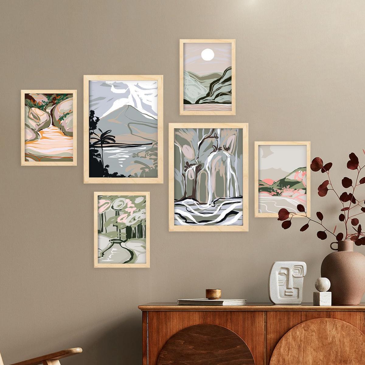 POSTER Set Mit 6 Clift Rahmen In Kulissen Abstracts Ästhetische Dekorative Gemälde Für Ihr Wohnzimmer Zuhause A3 & A4 Rahmen Aus Hellem Holz - Beige, Papier (29/3cm) - Nacnic