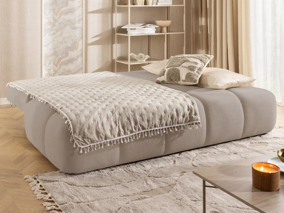 SCHLAFSOFA Belluno aus hochwertigem Dunkelbeige Plüschstoff mit Bettkasten und tiefen Steppungen in Bubble-Optik - Schwarz/Cappuccino, Holz/Kunststoff (205/87/105cm) - S-Style